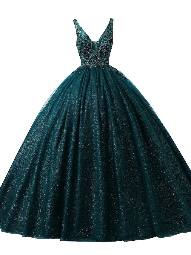 Luolandi Ball Gown Prom Dresses Sparkle &amp; Shine Dress Quinceanera Floor Length Sleeveless V Neck Tulle with Appliques