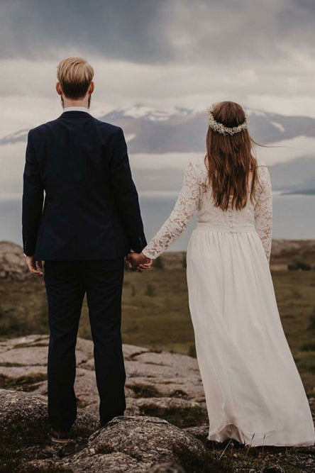 Luolandi Long Sleeves A-Line/Princess Bateau Appliques Floor-Length Chiffon Wedding Dress Beautiful