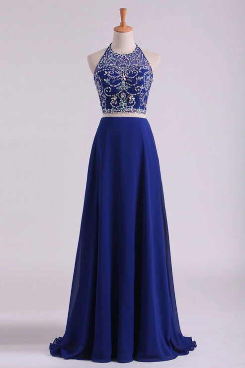 Luolandi Bateau Two Pieces Party Dresses Dark Royal Blue A Line Beaded Bodice Open Back Floor Length Chiffon & Tulle Sexy Evening Dress