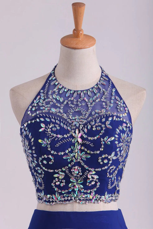 Luolandi Bateau Two Pieces Party Dresses Dark Royal Blue A Line Beaded Bodice Open Back Floor Length Chiffon & Tulle Sexy Evening Dress