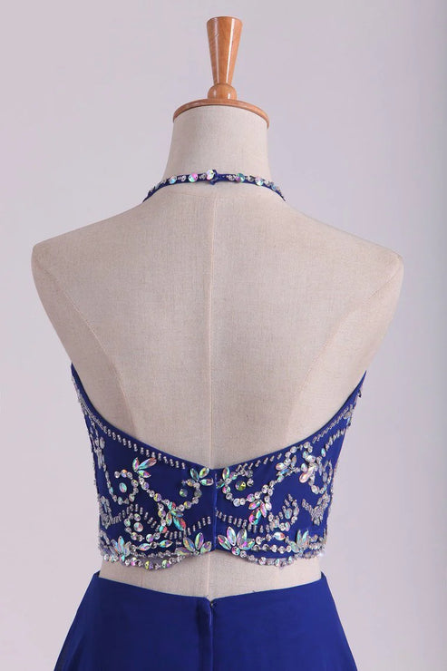 Luolandi Bateau Two Pieces Party Dresses Dark Royal Blue A Line Beaded Bodice Open Back Floor Length Chiffon & Tulle Sexy Evening Dress