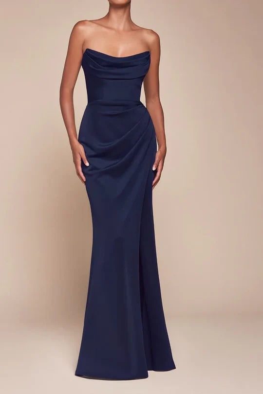 Luolandi Dress Bateau Strapless Satin Long Bridesmaid Dress With Side Slit Elegant Evening Party Dress