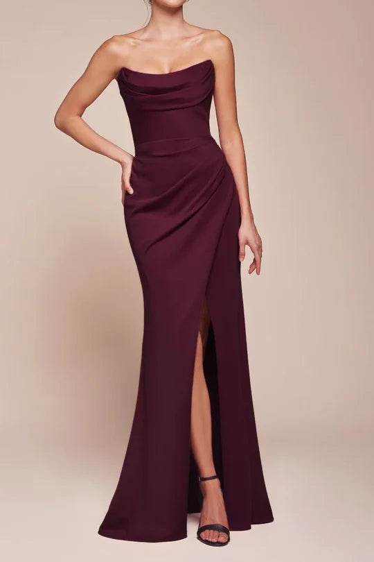 Luolandi Dress Bateau Strapless Satin Long Bridesmaid Dress With Side Slit Elegant Evening Party Dress