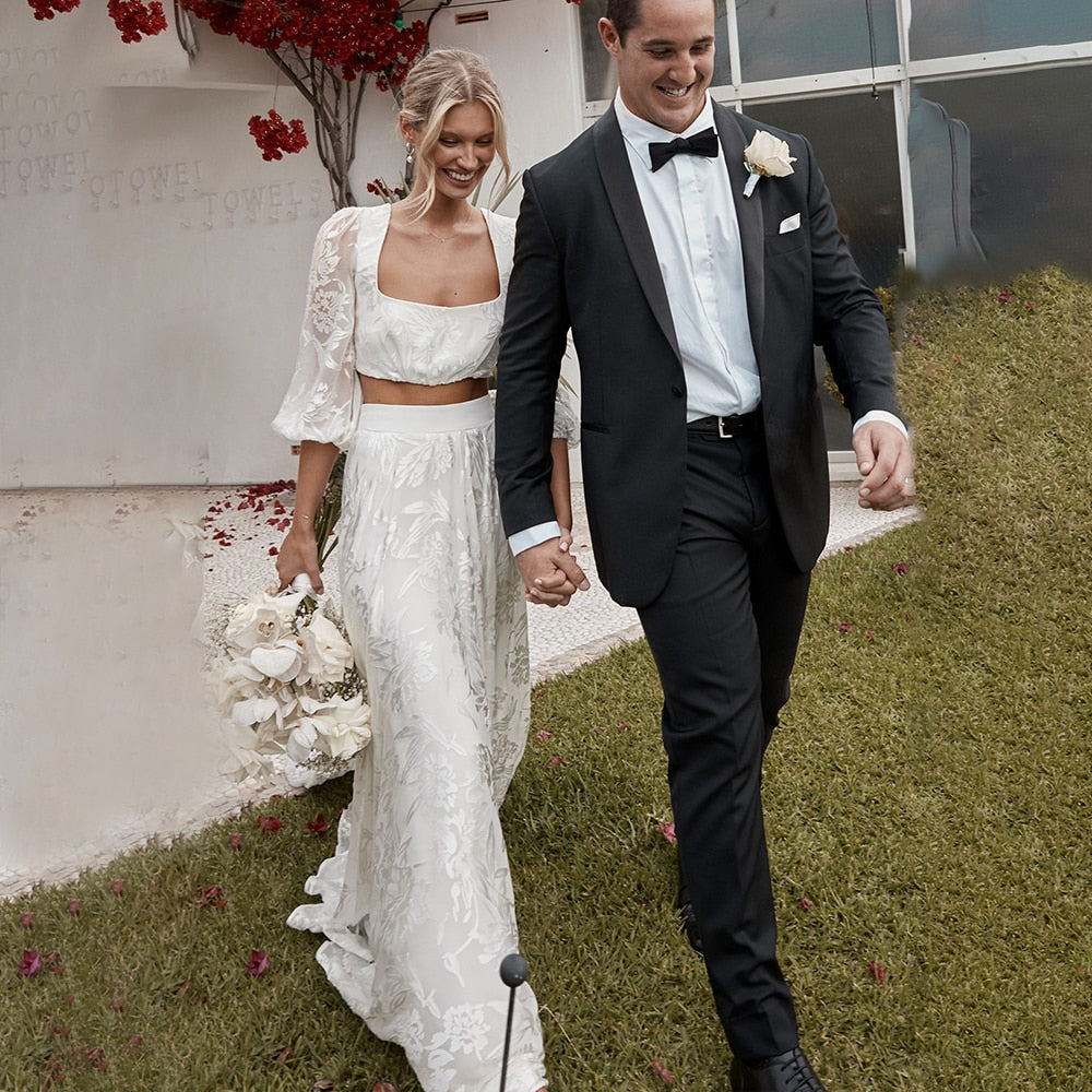 Luolandi Lace Two Pieces Square Neck 3/4 Puffy Sleeve Beach Bohemian Wedding Dresses Sexy Bridal Gown