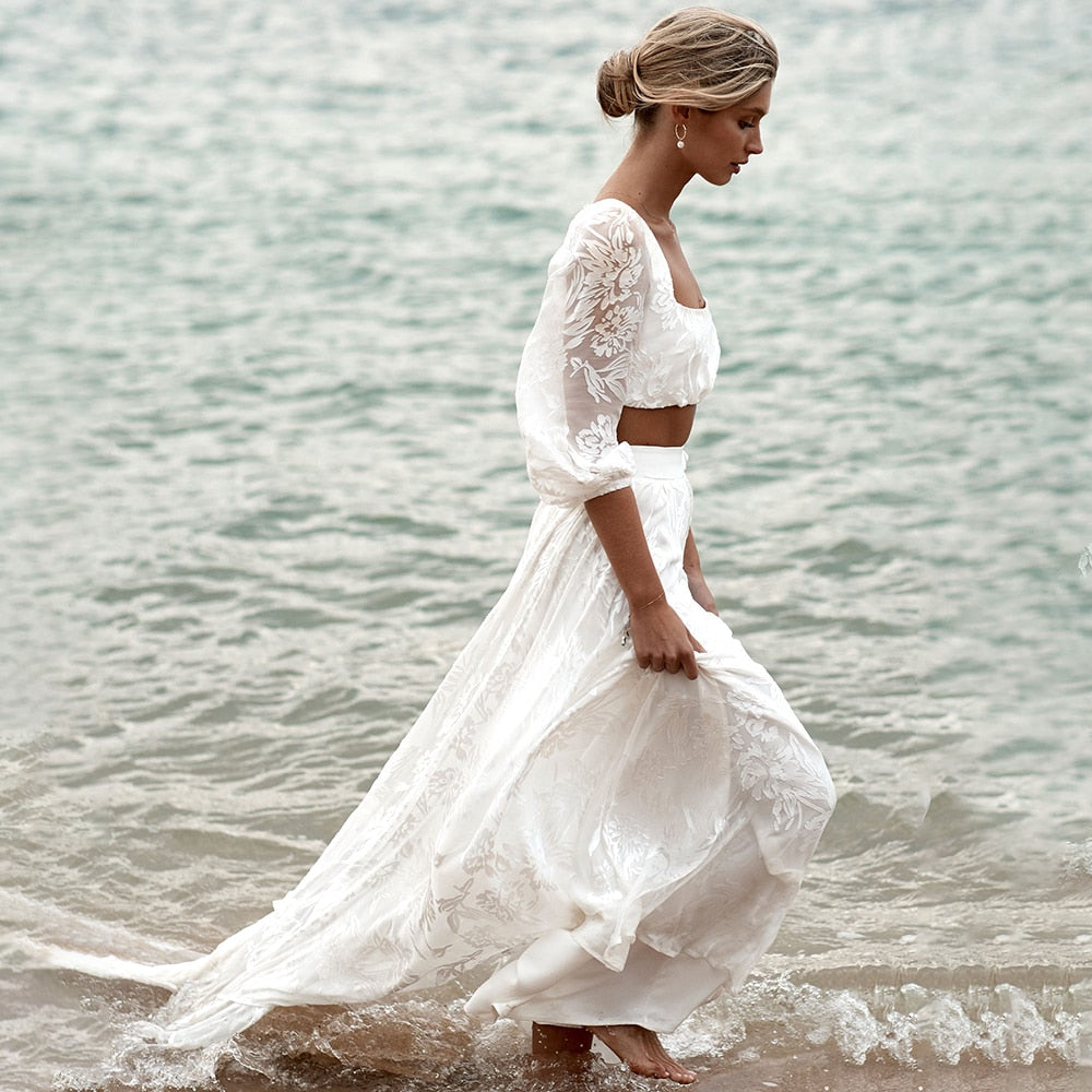 Luolandi Lace Two Pieces Square Neck 3/4 Puffy Sleeve Beach Bohemian Wedding Dresses Sexy Bridal Gown