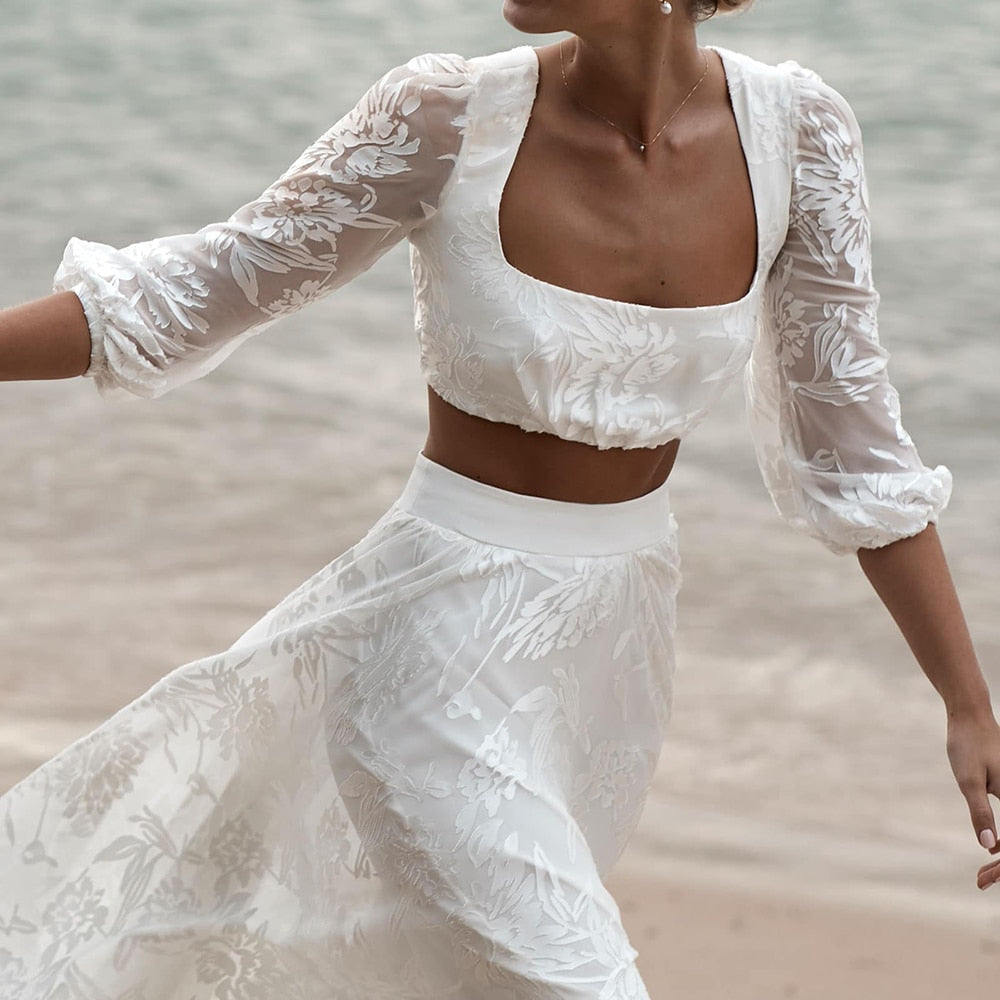 Luolandi Lace Two Pieces Square Neck 3/4 Puffy Sleeve Beach Bohemian Wedding Dresses Sexy Bridal Gown