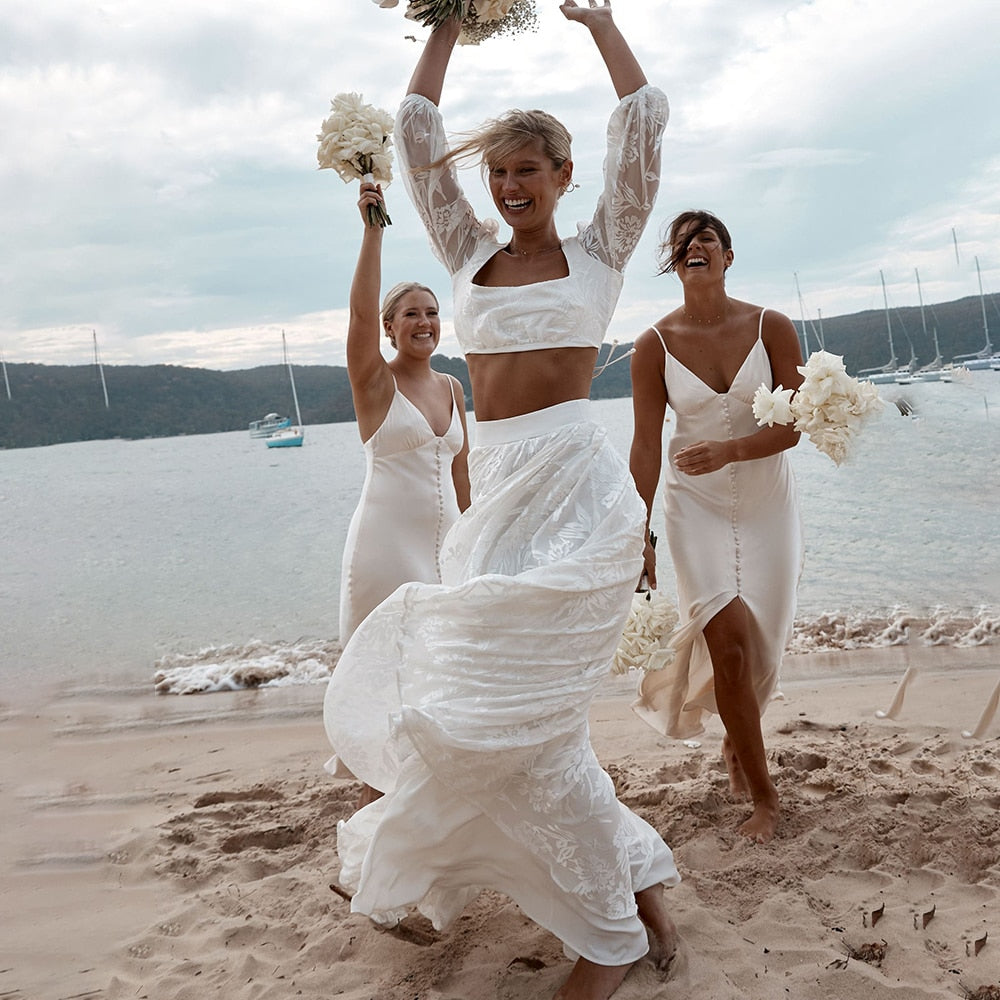 Luolandi Lace Two Pieces Square Neck 3/4 Puffy Sleeve Beach Bohemian Wedding Dresses Sexy Bridal Gown