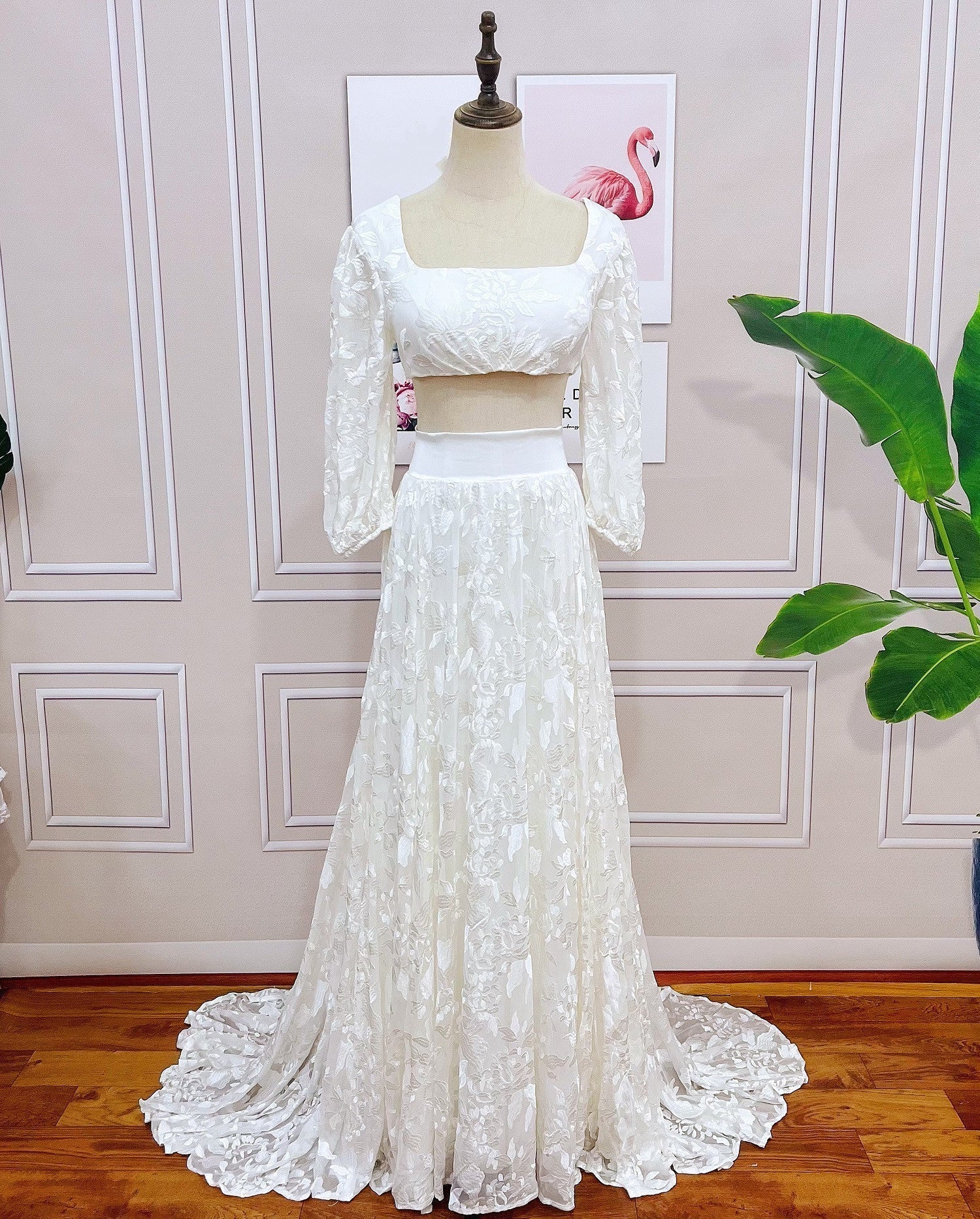 Luolandi Lace Two Pieces Square Neck 3/4 Puffy Sleeve Beach Bohemian Wedding Dresses Sexy Bridal Gown