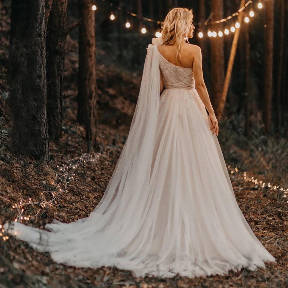 Luolandi A Line One Shoulder Ruched Tulle Beach Boho Wedding Dress With Appliqued & Beading Beautiful