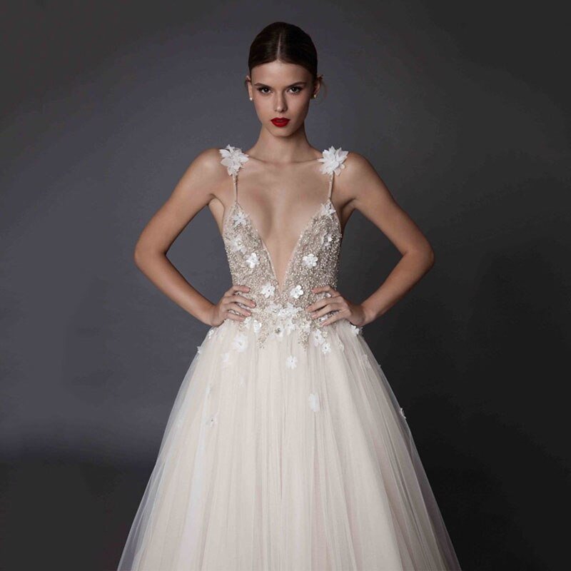 Luolandi Deep V Neck Beads Straps Tulle Appliques A-line Beach Wedding Dress Sexy