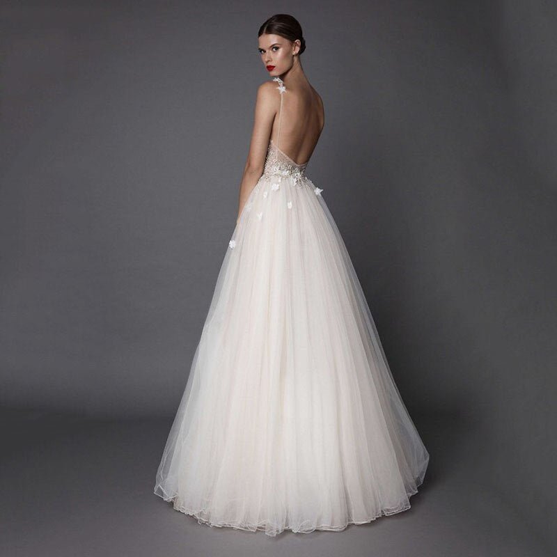 Luolandi Deep V Neck Beads Straps Tulle Appliques A-line Beach Wedding Dress Sexy