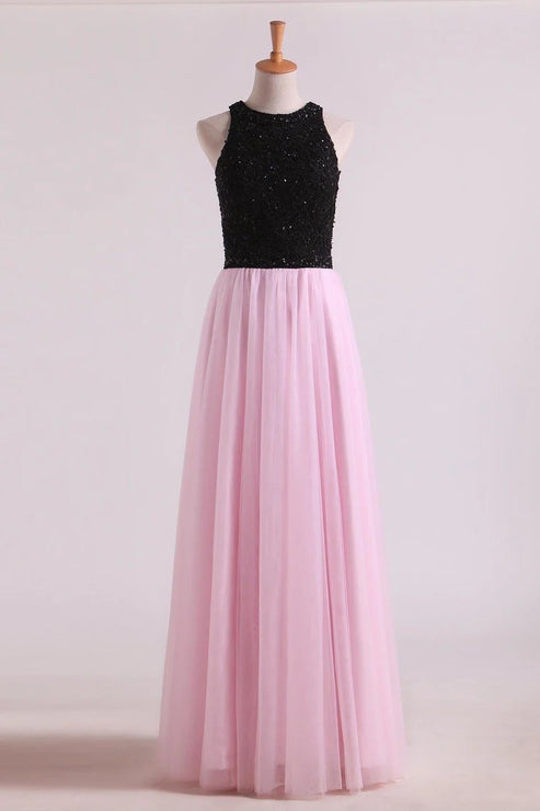 Luolandi Party Dresses A-Line Scoop Floor-Length Tulle Black Bodice Zipper Back Evening Dress