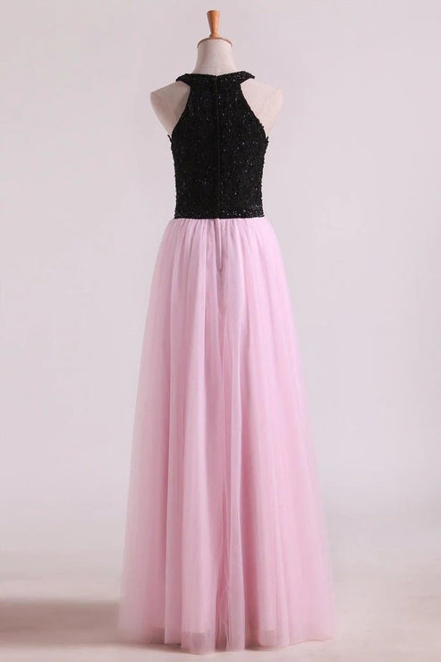 Luolandi Party Dresses A-Line Scoop Floor-Length Tulle Black Bodice Zipper Back Evening Dress