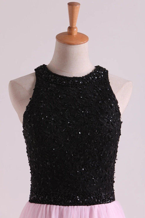 Luolandi Party Dresses A-Line Scoop Floor-Length Tulle Black Bodice Zipper Back Evening Dress