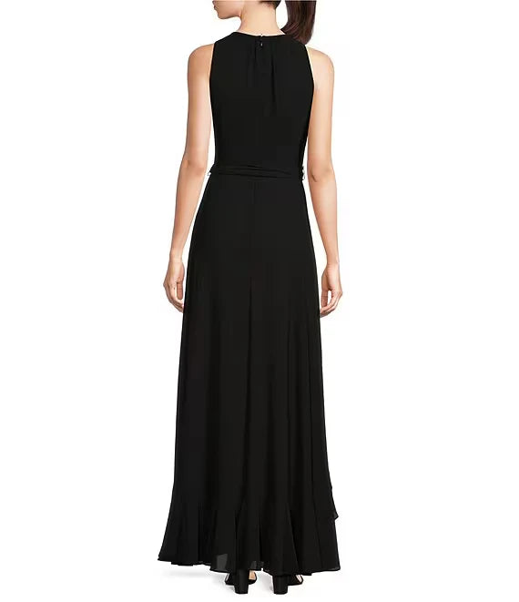 Luolandi Sleeveless lace up waist with layered ruffle hem for extra long evening dress Pure Color