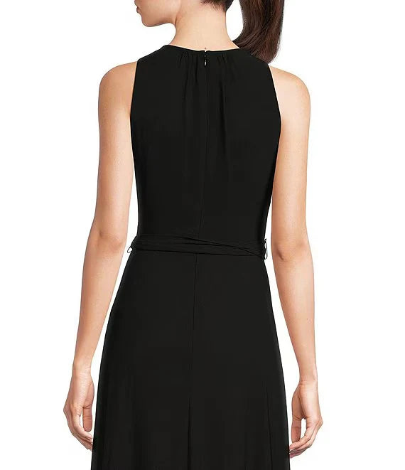 Luolandi Sleeveless lace up waist with layered ruffle hem for extra long evening dress Pure Color