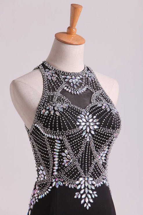 Luolandi Party Dresses Scoop Beaded Bodice Floor Length Spandex Sheath Evening Dress