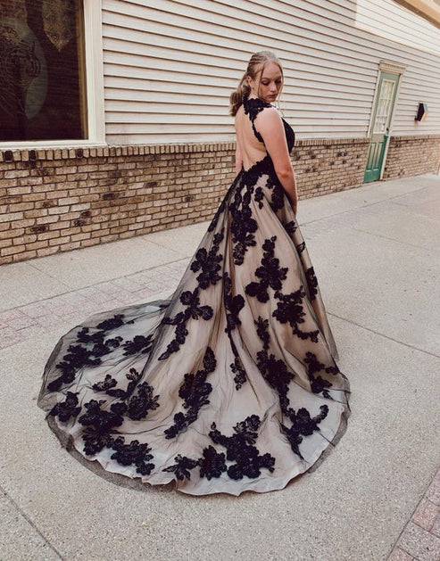 Luolandi Black Champagne Open Back Court Train Wedding Dress With Appliques Beautiful