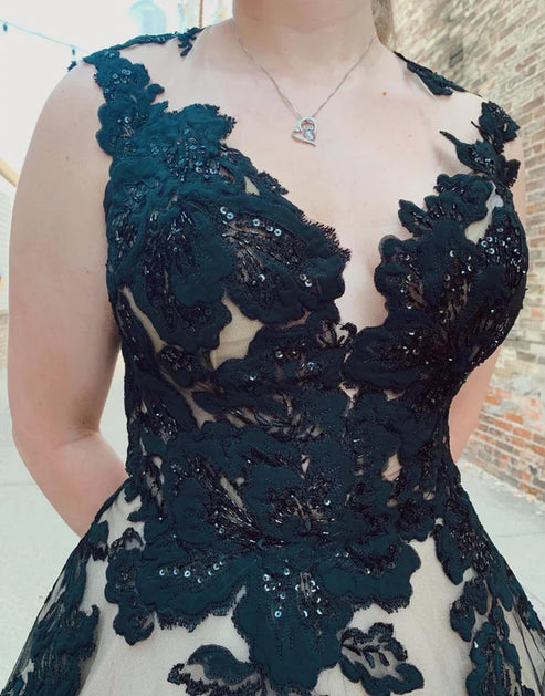 Luolandi Black Champagne Open Back Court Train Wedding Dress With Appliques Beautiful