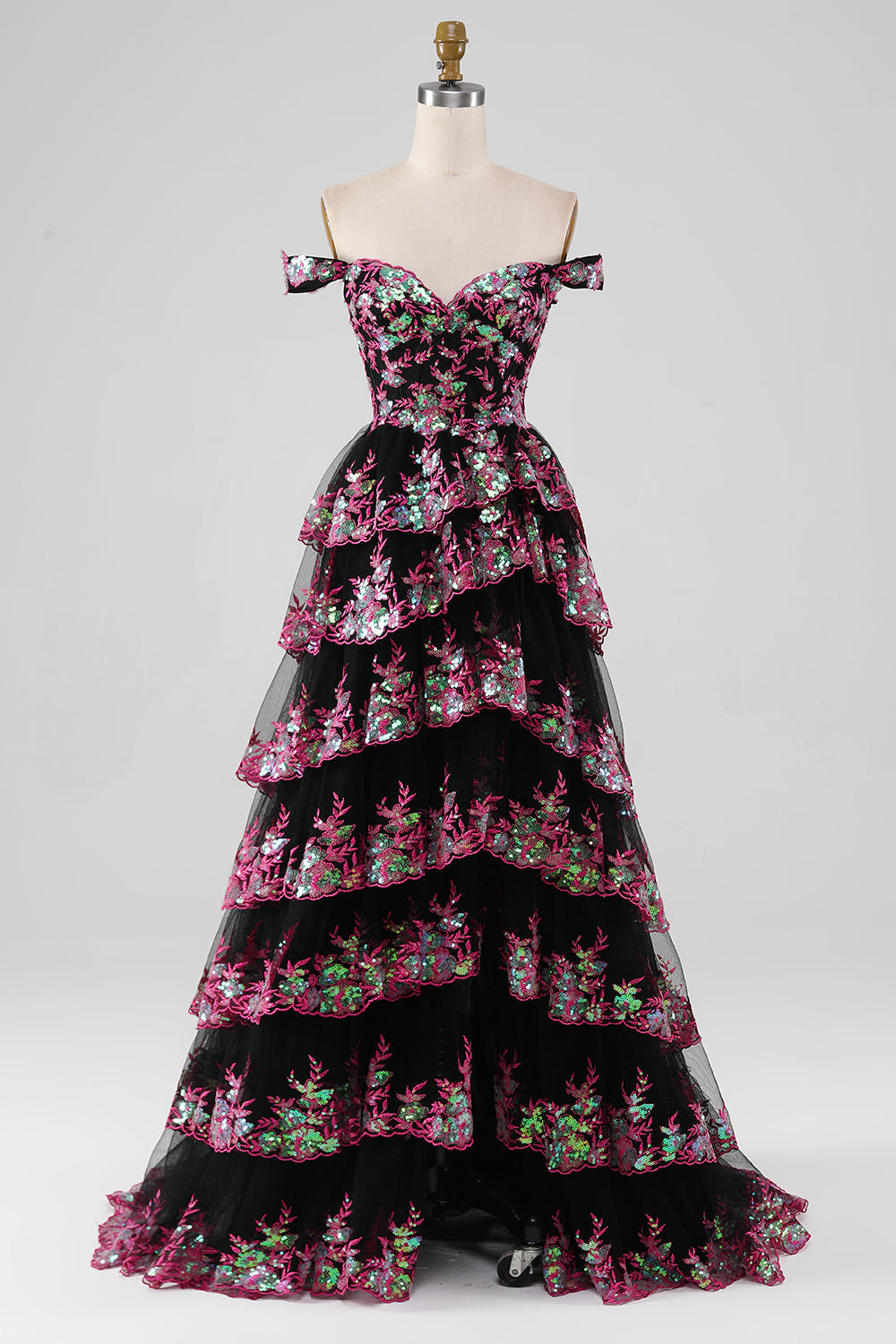 Luolandi Golden A-Line Off The Shoulder Sequin Prom Dress With Slit Floor Length Sparkly