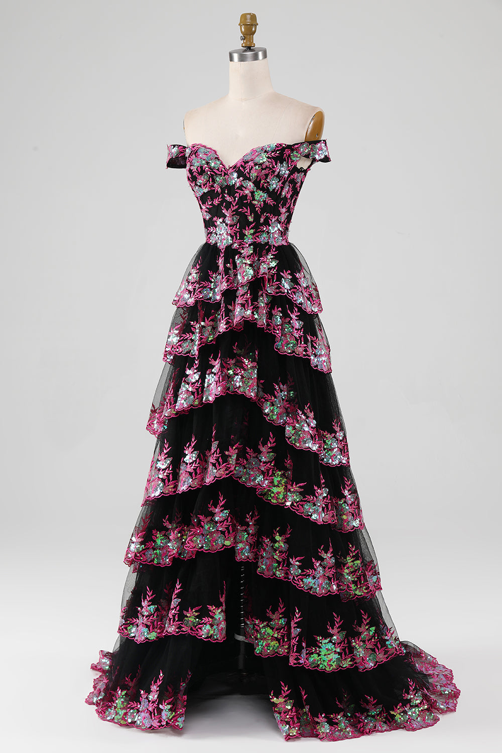 Luolandi Golden A-Line Off The Shoulder Sequin Prom Dress With Slit Floor Length Sparkly