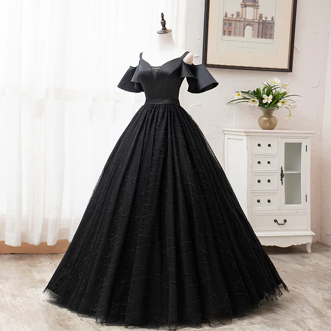 Luolandi Black Satin and Tulle Ball Gown Off Shoulder Evening Dress Party Gown Black Long Formal Dress Prom Dress