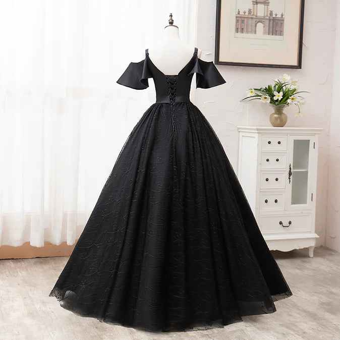 Luolandi Black Satin and Tulle Ball Gown Off Shoulder Evening Dress Party Gown Black Long Formal Dress Prom Dress