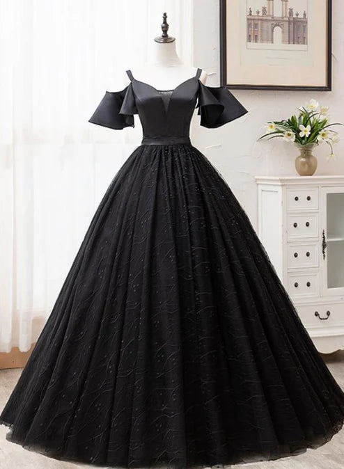 Luolandi Black Satin and Tulle Ball Gown Off Shoulder Evening Dress Party Gown Black Long Formal Dress Prom Dress