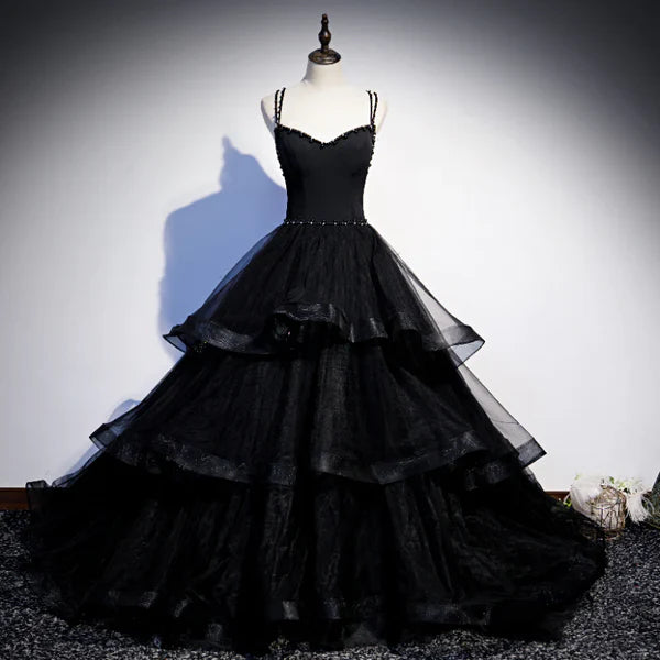 Luolandi Black Tulle Layers Straps Beaded Long Evening Dress Black Formal Dress Prom Dress Beautiful