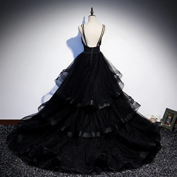 Luolandi Black Tulle Layers Straps Beaded Long Evening Dress Black Formal Dress Prom Dress Beautiful