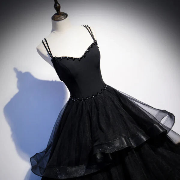 Luolandi Black Tulle Layers Straps Beaded Long Evening Dress Black Formal Dress Prom Dress Beautiful