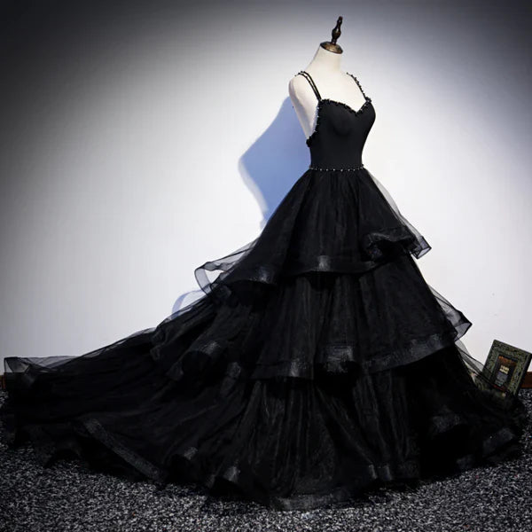 Luolandi Black Tulle Layers Straps Beaded Long Evening Dress Black Formal Dress Prom Dress Beautiful