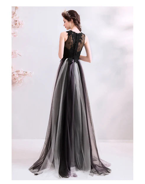 Luolandi Black V-neckline Lace and Tulle Gradient Long Evening Dress Party Dress Formal Dress Prom Dress Elegant