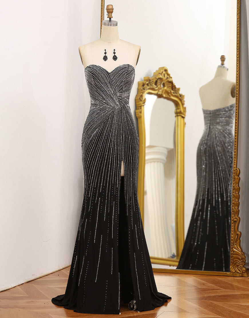 Luolandi Glitter Black Mermaid Off The Shoulder Long Prom Dress With Slit Sparkly Evening Dresses