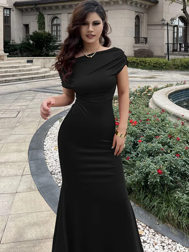 Luolandi Formal Prom Dress for Women Elegant Skew Neck Off The Shoulder Mermaid Evening Party Cocktail Maxi Dresses Solid Color