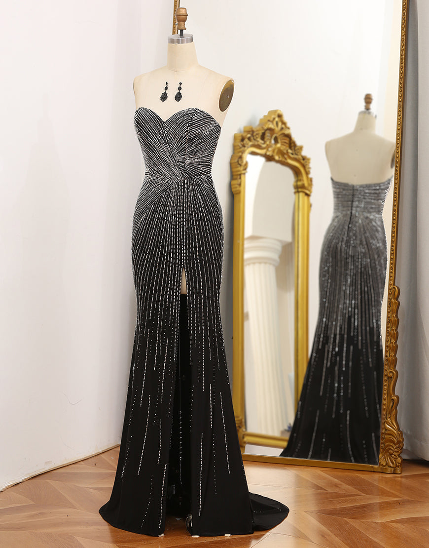 Luolandi Glitter Black Mermaid Off The Shoulder Long Prom Dress With Slit Sparkly Evening Dresses