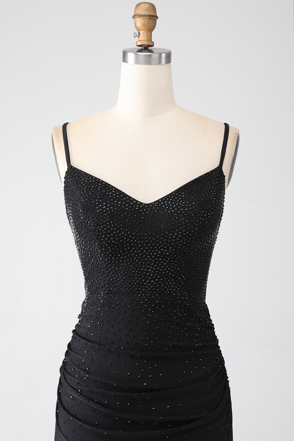 Luolandi Mermaid Spaghetti Straps Pleated Long Black Prom Dress with Beading Sexy Evening Dresses