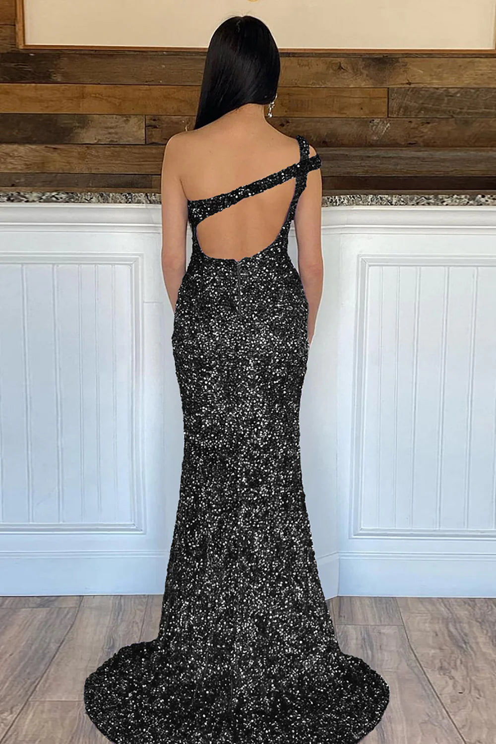 Luolandi Sparkly Sequins Black Mermaid One Shoulder Long Prom Dress With Slit Sexy Evening Dress