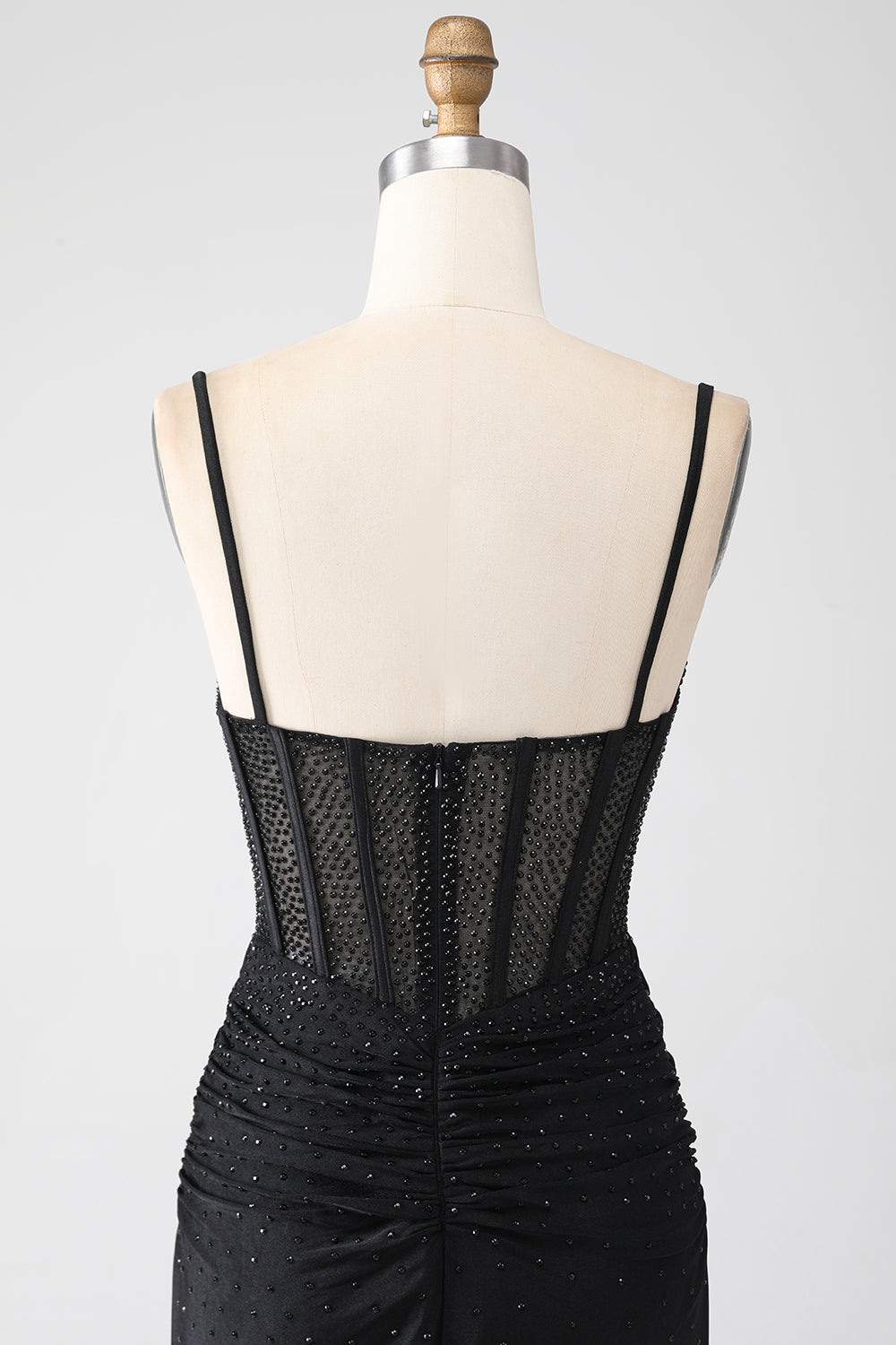 Luolandi Mermaid Spaghetti Straps Pleated Long Black Prom Dress with Beading Sexy Evening Dresses