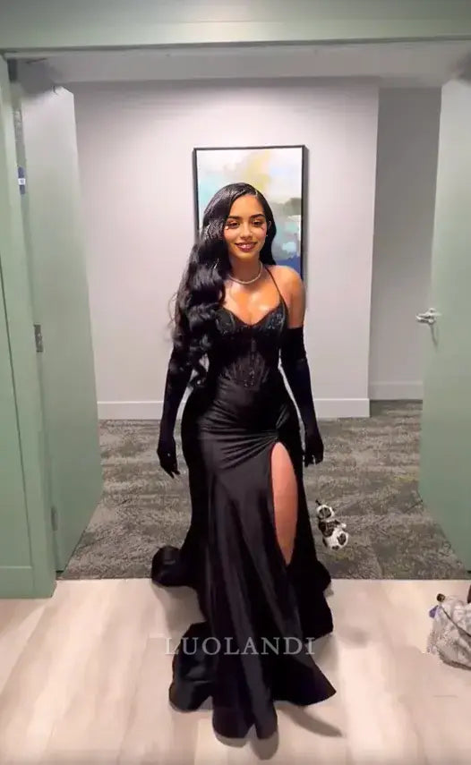 Luolandi Black Mermaid Evening Party Dress With Slit Sexy Long Prom Dress Charming Formal Dress No With Gloves