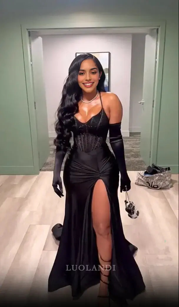 Luolandi Black Mermaid Evening Party Dress With Slit Sexy Long Prom Dress Charming Formal Dress No With Gloves