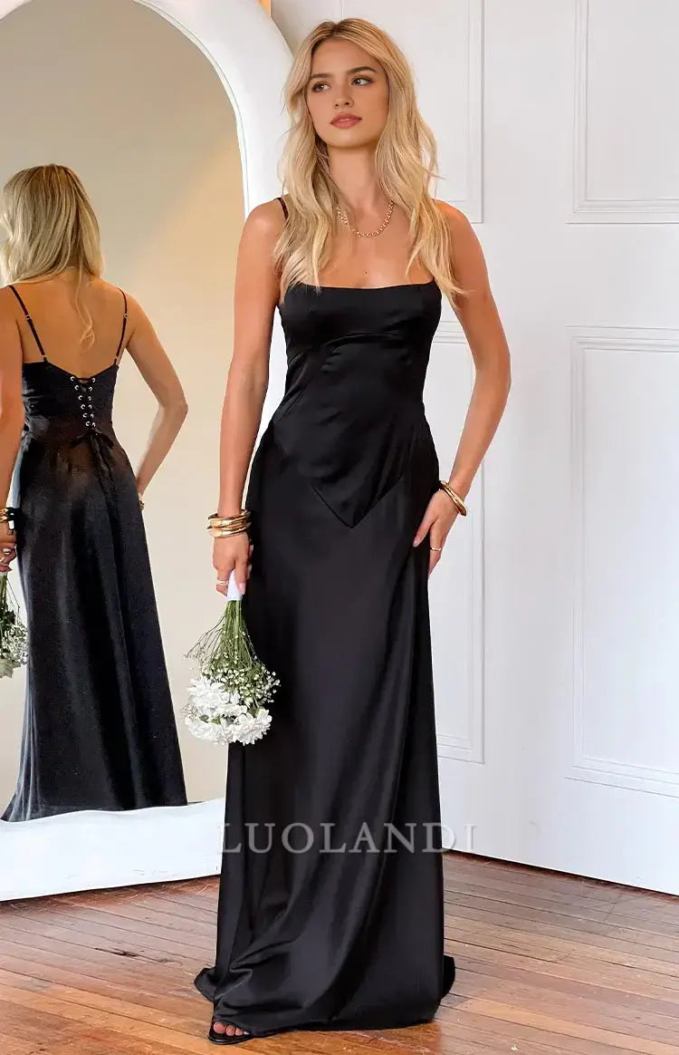Luolandi Black Spaghetti Straps Sleeveless Lace-up Satin Prom Dress Long Formal Dress Simple Evening Party Dress