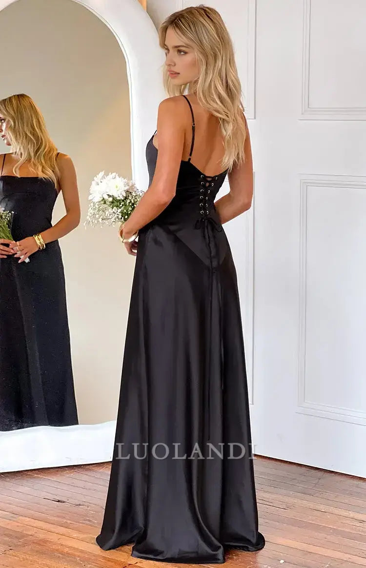 Luolandi Black Spaghetti Straps Sleeveless Lace-up Satin Prom Dress Long Formal Dress Simple Evening Party Dress