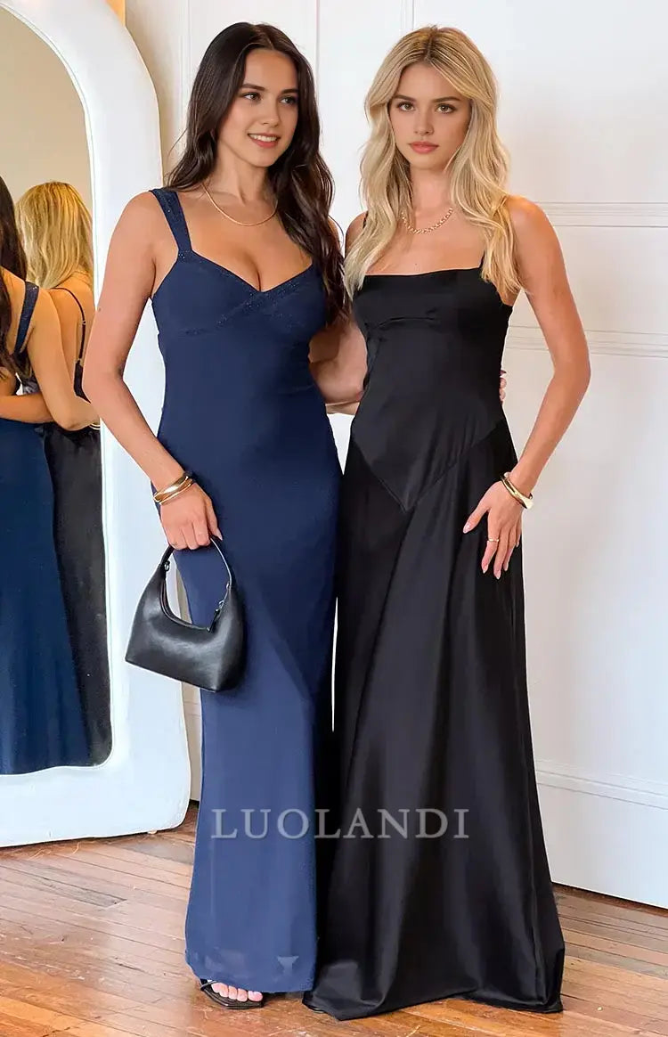 Luolandi Black Spaghetti Straps Sleeveless Lace-up Satin Prom Dress Long Formal Dress Simple Evening Party Dress