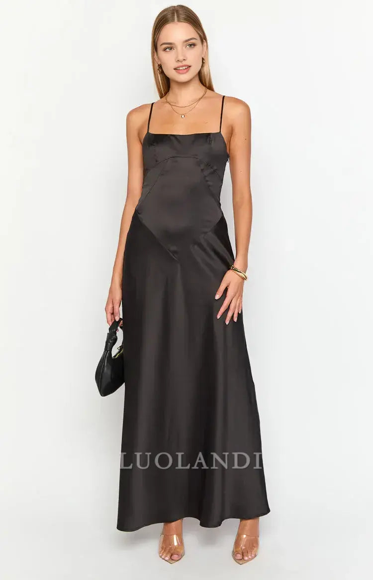 Luolandi Black Spaghetti Straps Sleeveless Lace-up Satin Prom Dress Long Formal Dress Simple Evening Party Dress