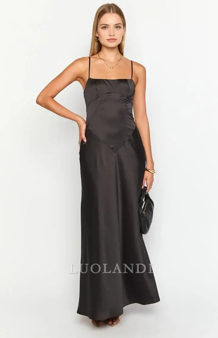 Luolandi Black Spaghetti Straps Sleeveless Lace-up Satin Prom Dress Long Formal Dress Simple Evening Party Dress