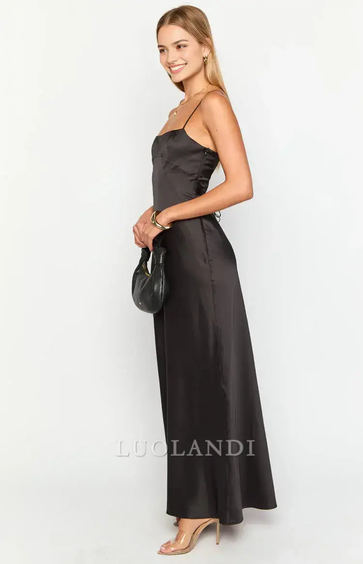 Luolandi Black Spaghetti Straps Sleeveless Lace-up Satin Prom Dress Long Formal Dress Simple Evening Party Dress