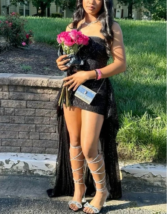 Luolandi Black Strapless Sheath Sequins High-Low Unique Homecoming Dress Sparkly Birthday Party Dress