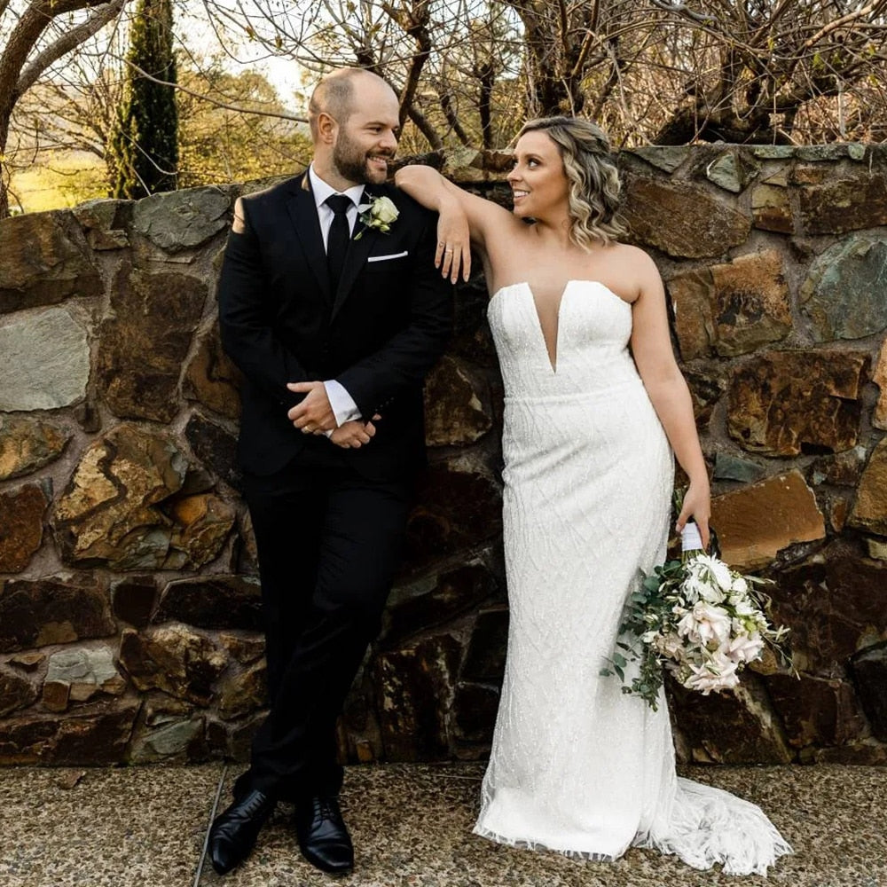 Luolandi Plus Size Bling Strapless Sequins Mermaid Wedding Dresses Sexy