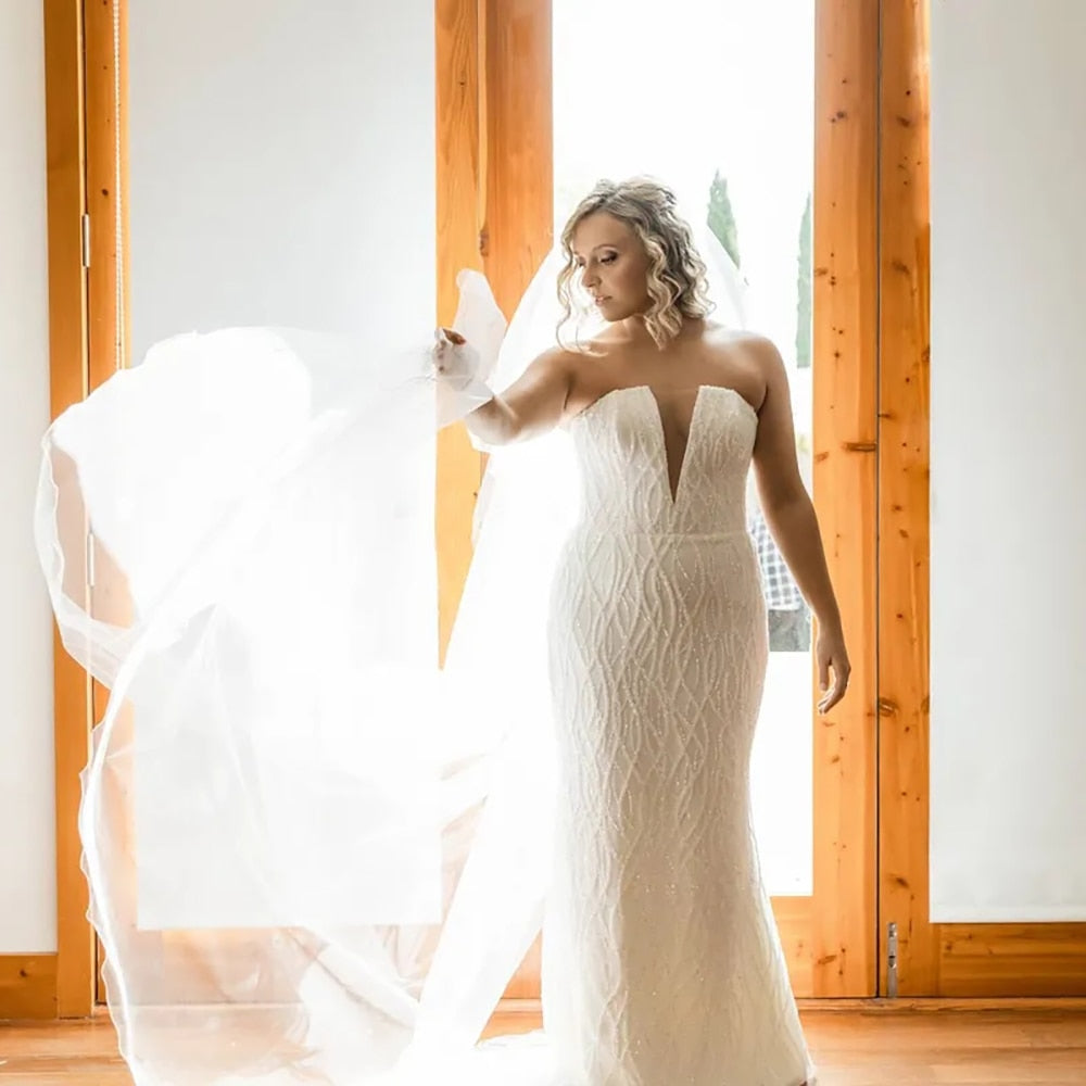 Luolandi Plus Size Bling Strapless Sequins Mermaid Wedding Dresses Sexy